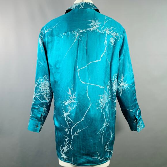 HAIDER ACKERMANN Size M Teal White Jacquard Linen Silk Layered Long Sleeve Shirt - Picture 5 of 10